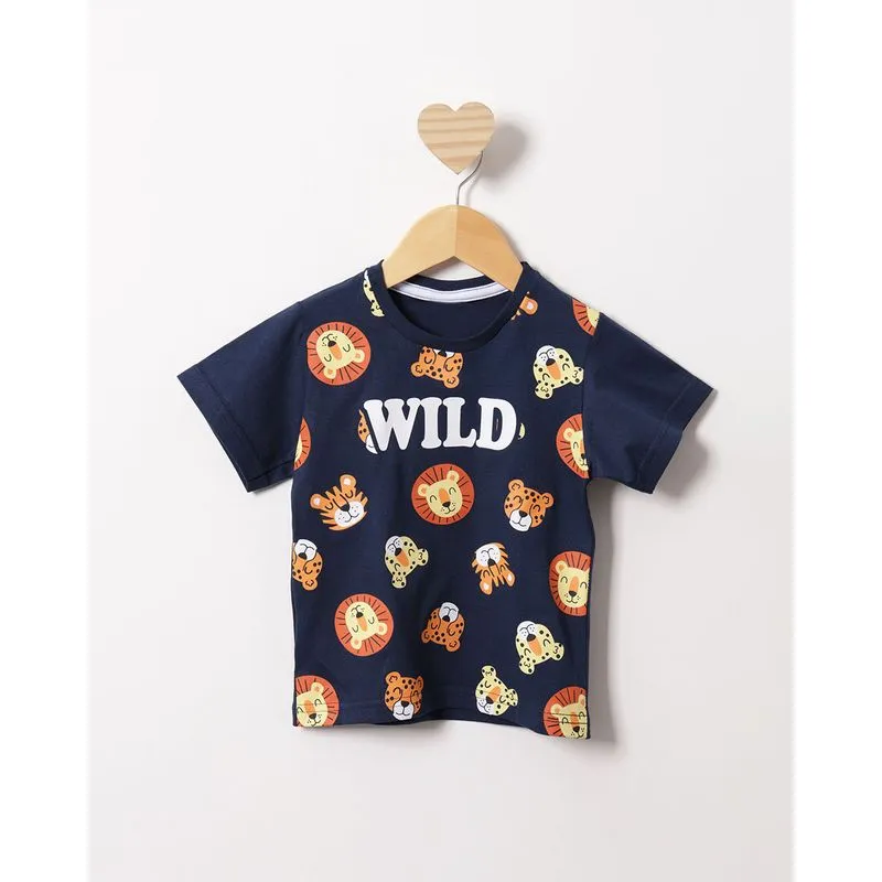 Camiseta Bebê Estampa Bichinhos Da Floresta Manga Curta Marinho 1