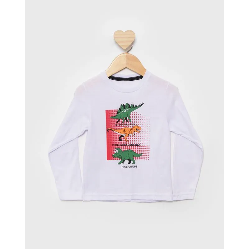 Camiseta Bebê Estampa Dinossauro Manga Longa Branca 1
