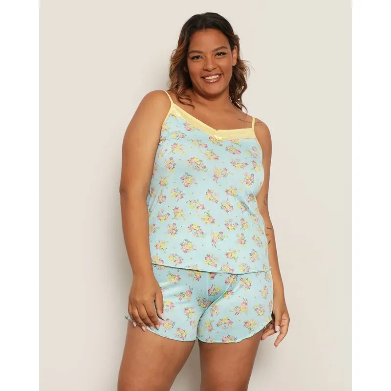 Short Doll Plus Size Feminino Curto Estampado Floral Azul 46