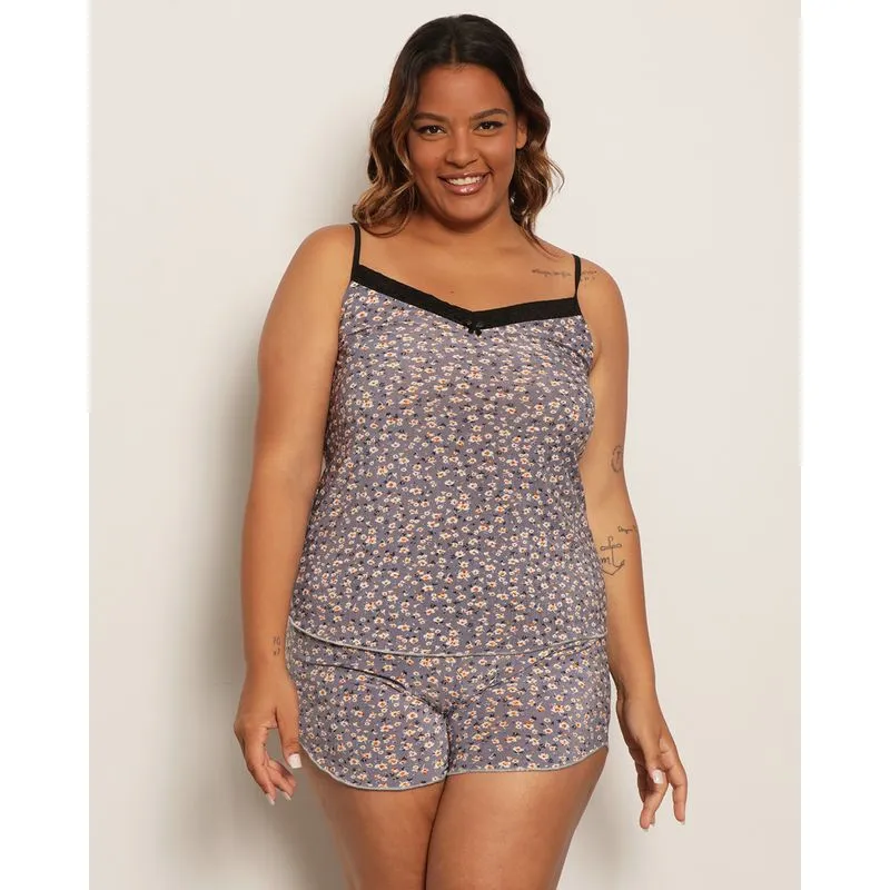 Short Doll Plus Size Feminino Curto Estampado Floral Cinza 50