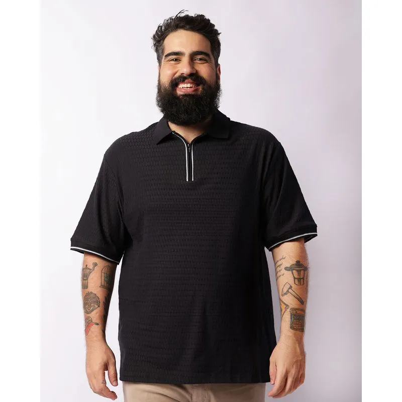 Camisa Polo Plus Size Masculina Manga Curta Colméia Zíper Preta G3