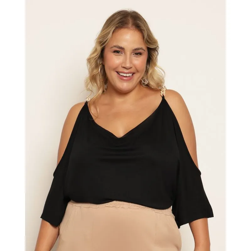 Blusa Plus Size Feminina Recorte Com Aviamento Preta G2