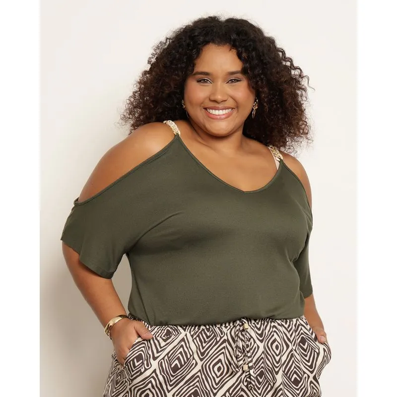 Blusa Plus Size Feminina Recorte Com Aviamento Verde G2