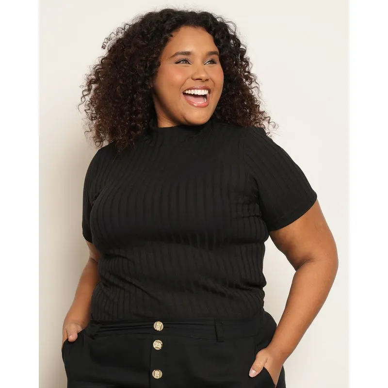 Blusa Plus Size Feminina Canelada Gola Alta Preta G3