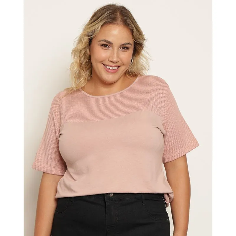 Blusa Plus Size Feminina Manga Curta Recorte Tela Rosa G3