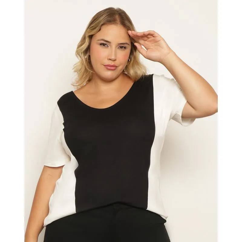 Blusa Plus Size Feminina Recorte Bicolor Detalhe Nas Costas Preta G2