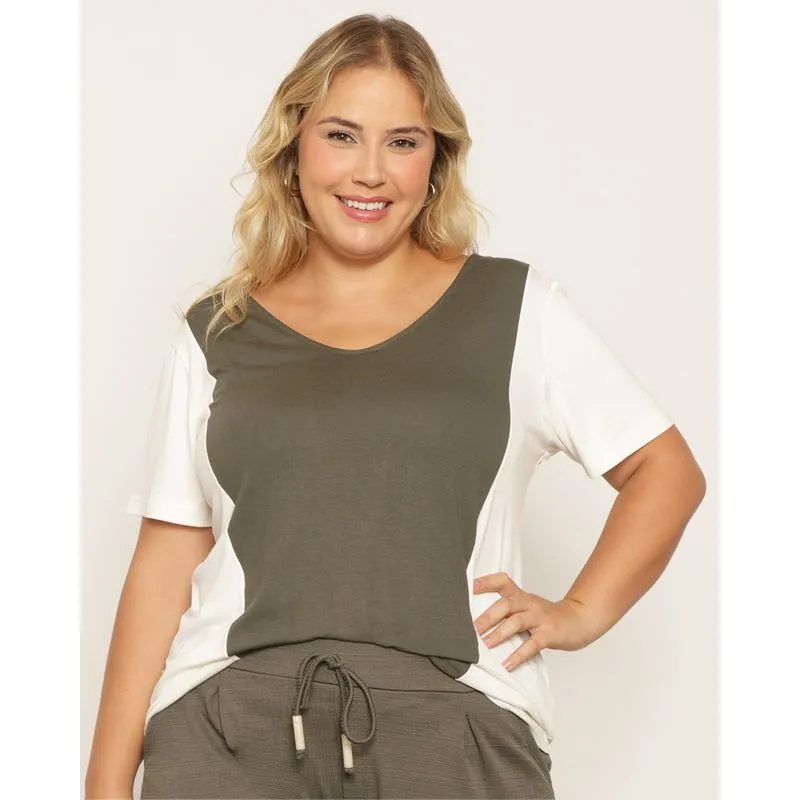 Blusa Plus Size Feminina Recorte Bicolor Detalhe Nas Costas Verde G3