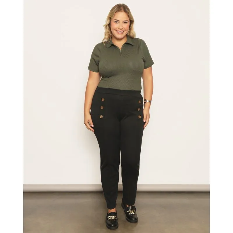 Calça Plus Size Feminina Slim Com Botões Preta G3