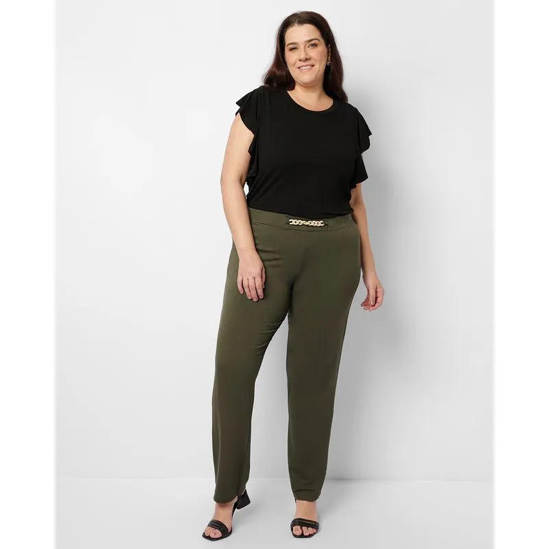 Calça Plus Size Feminina Reta Com Aviamento Verde G3