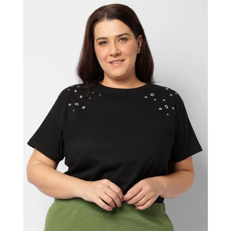 Blusa Plus Size Feminina Com Aplicação Preta G3