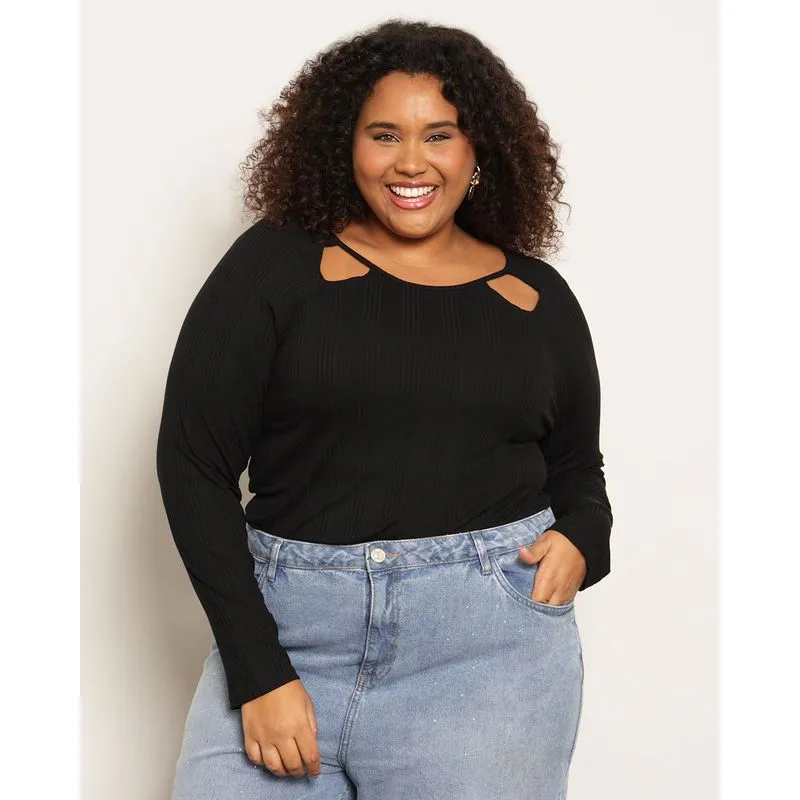 Blusa Plus Size Feminina Canelada Recorte Vazado Preta G2