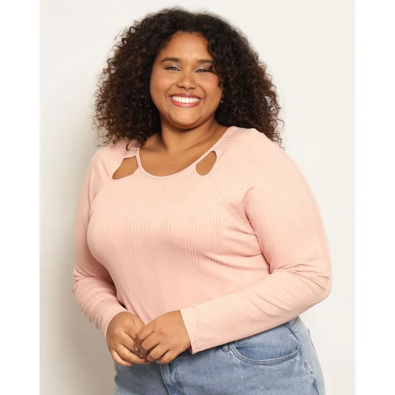 Blusa Plus Size Feminina Canelada Recorte Vazado Rosa G3