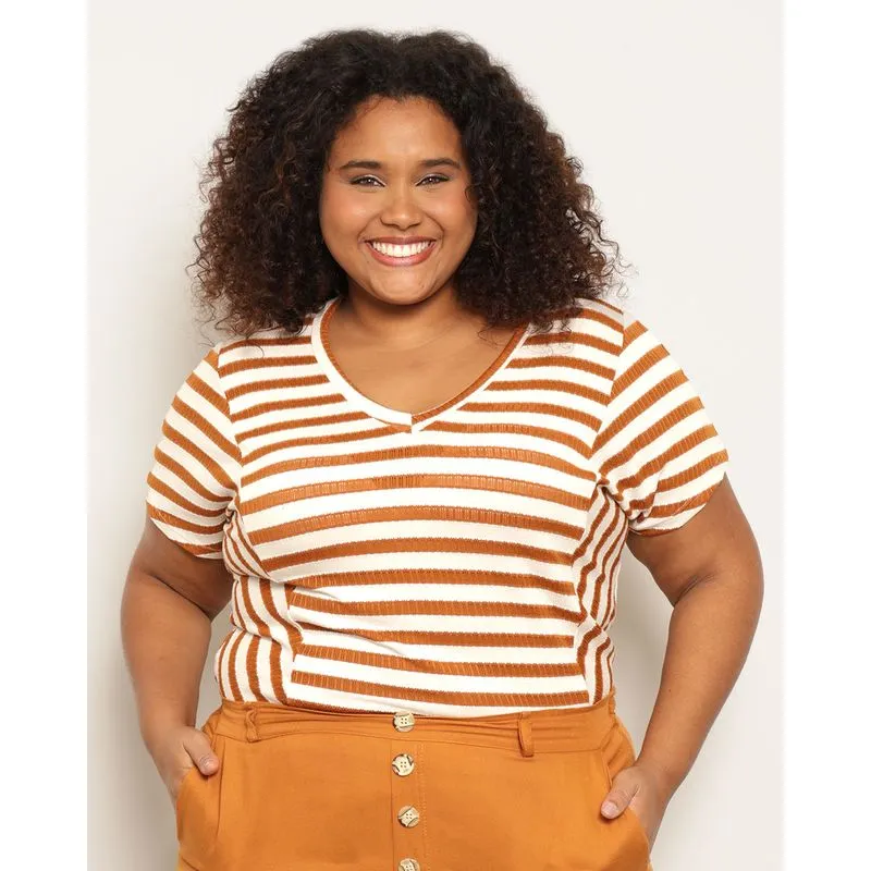 Blusa Plus size Feminina Com Recortes Listrada Manga Curta Terracota G3