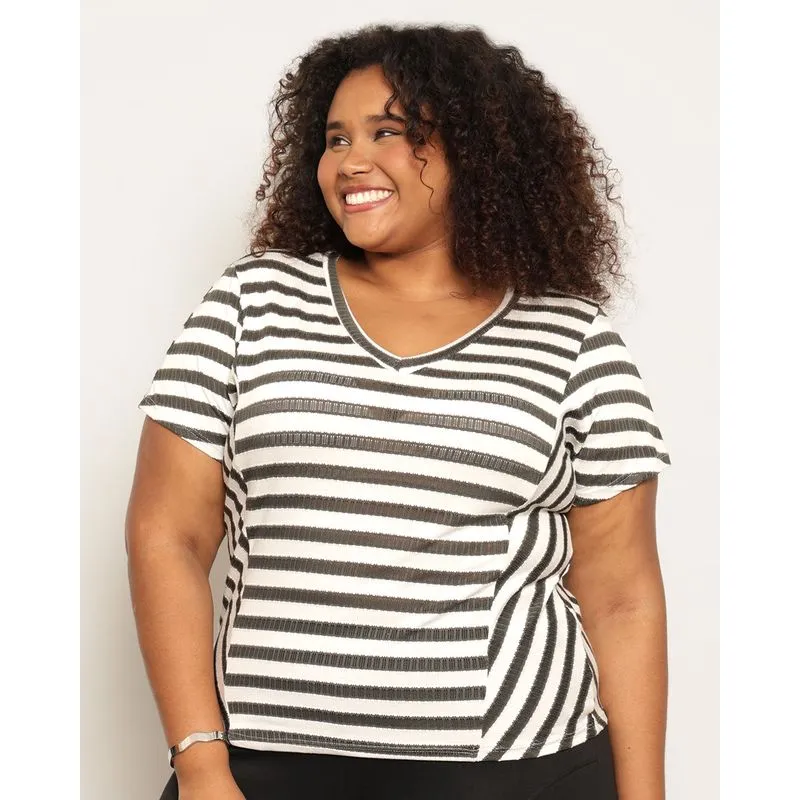 Blusa Plus Size Feminina Com Recortes Listrada Manga Curta Verde G2