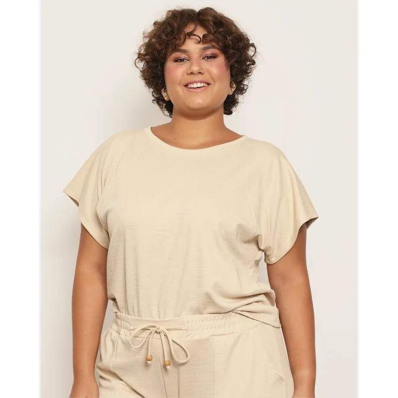 Blusa Plus Size Feminina Texturizada Manga Curta Bege G3