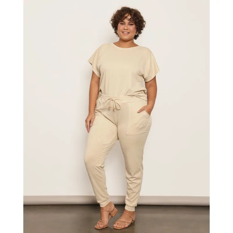 Calça Plus Size Feminina Jogger Crepe Bolsos Com Cordão Bege G2