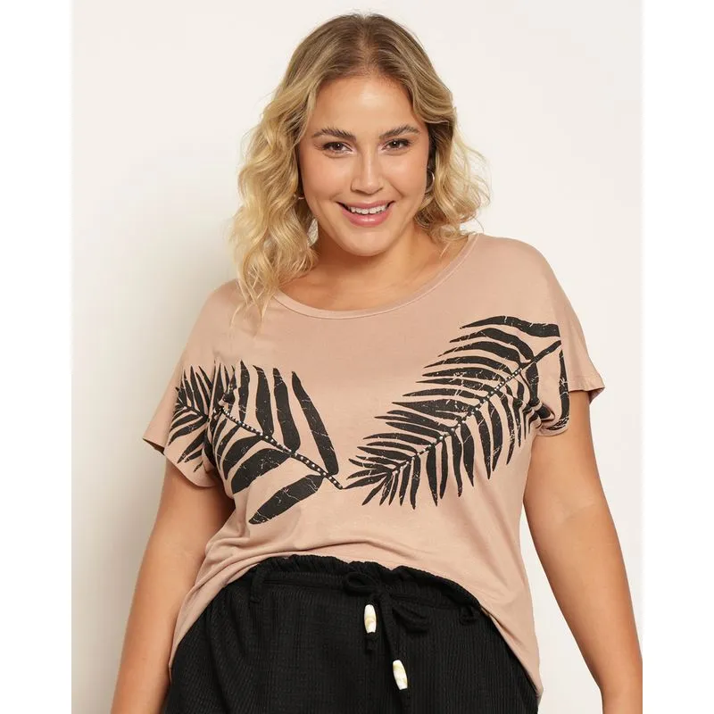 Blusa Plus Size Feminina Manga Curta Estampa Folha Bege G1
