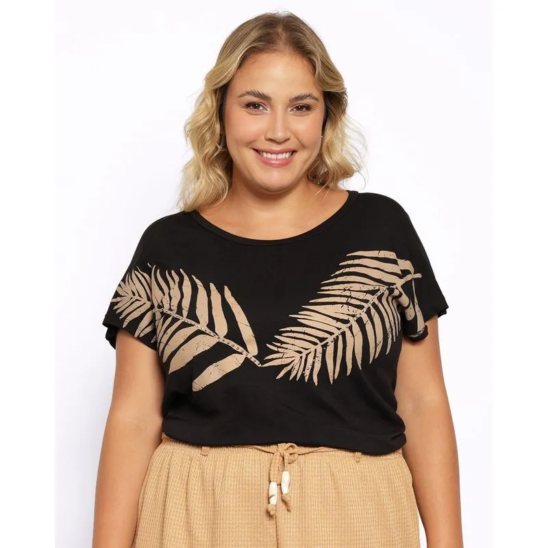 Blusa Plus Size Feminina Manga Curta Estampa Folha Preta G2