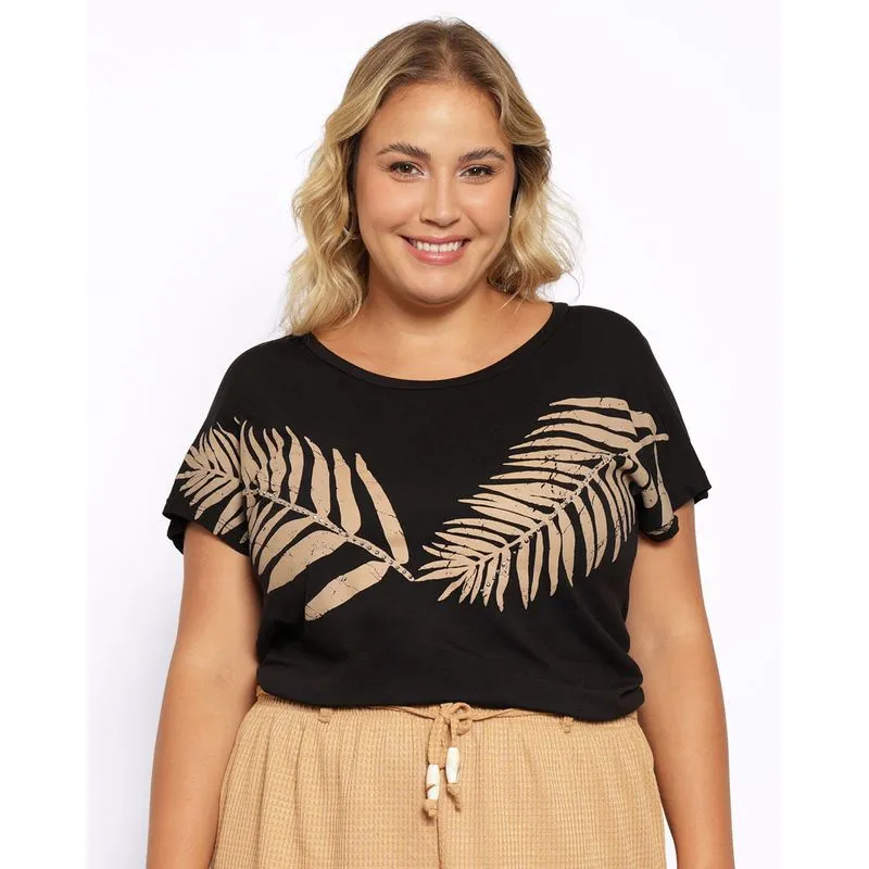 Blusa Plus Size Feminina Manga Curta Estampa Folha Preta G3