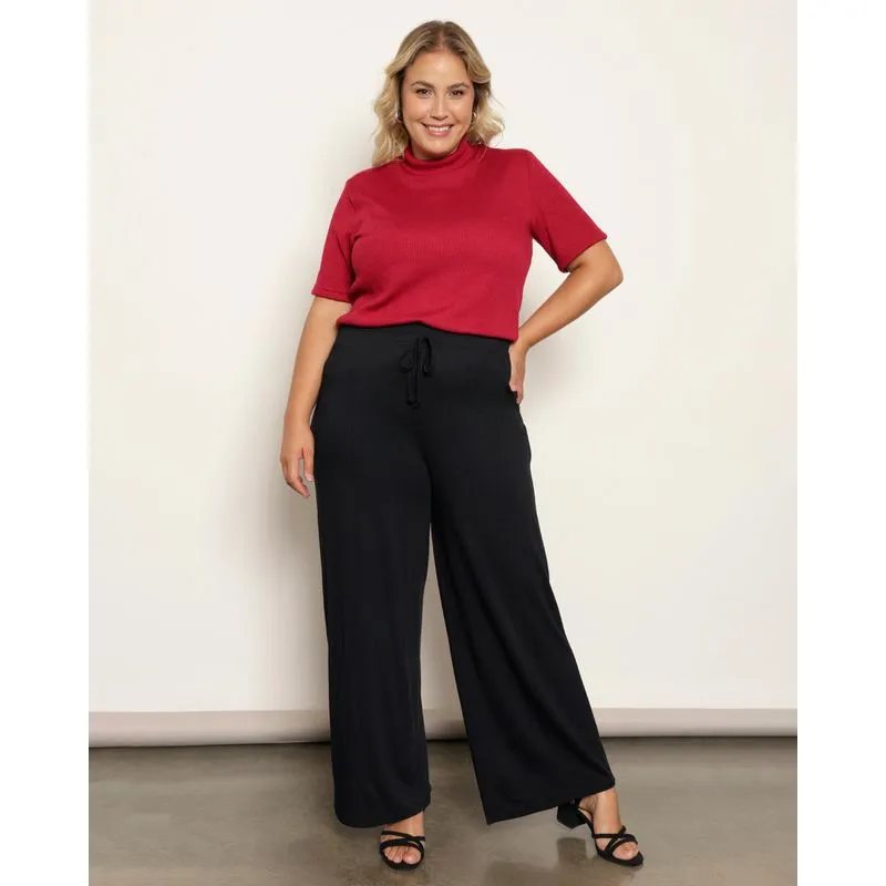 Calça Plus Size Feminina Pantalona Com Cordão Decorativo Preta G3