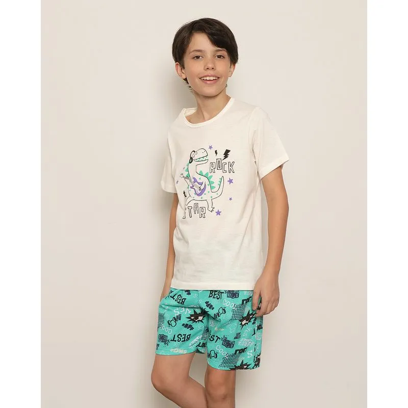 Pijama Juvenil Menino Estampa Dinossauro Rock Manga Curta Off White 12