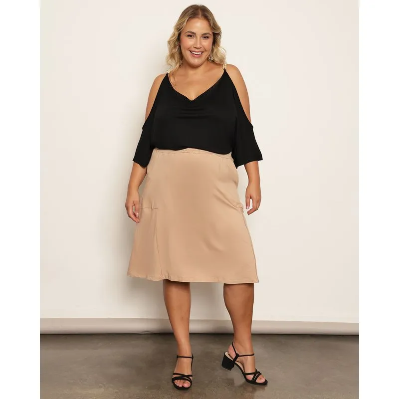 Saia Plus Size Feminina Midi Com Bolsos Bege G3