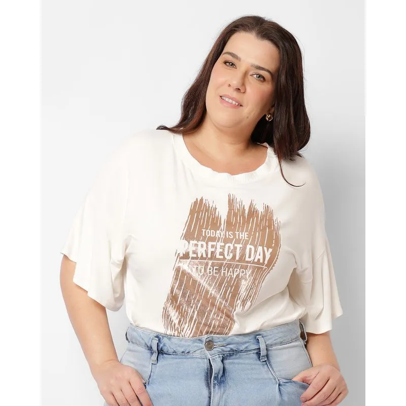 Blusa Plus Size Feminina Manga Curta Estampa Com Brilho Off White G1