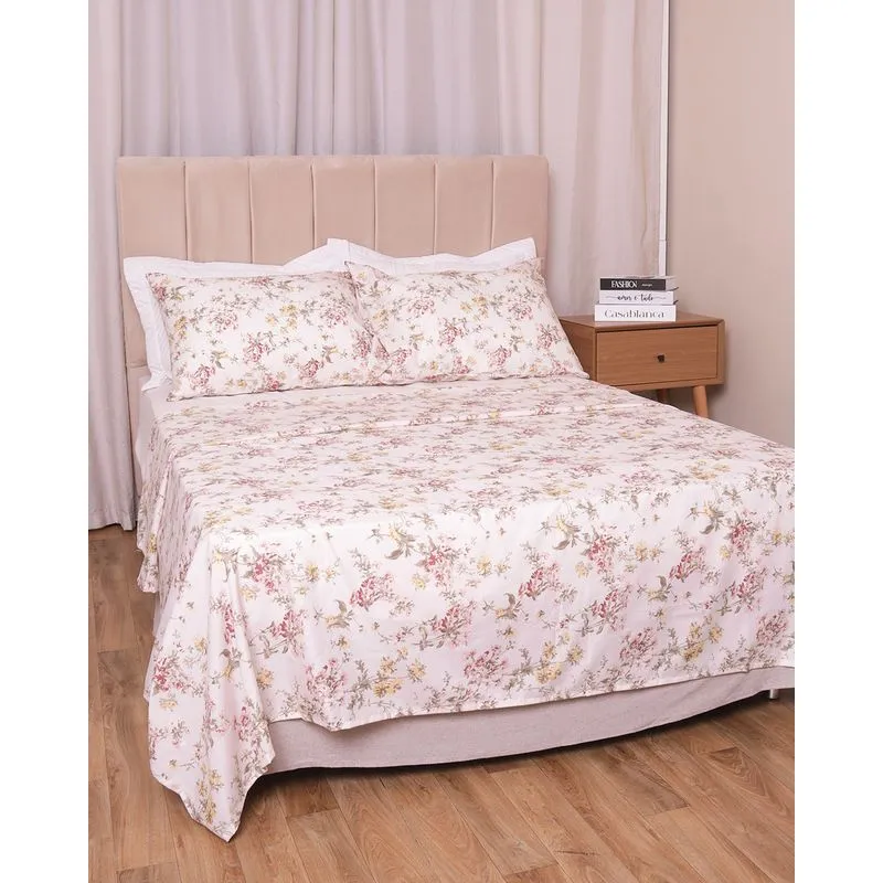 Jogo de Cama Casal 4 Peças 200 Fios Corttex Floral Bege UN