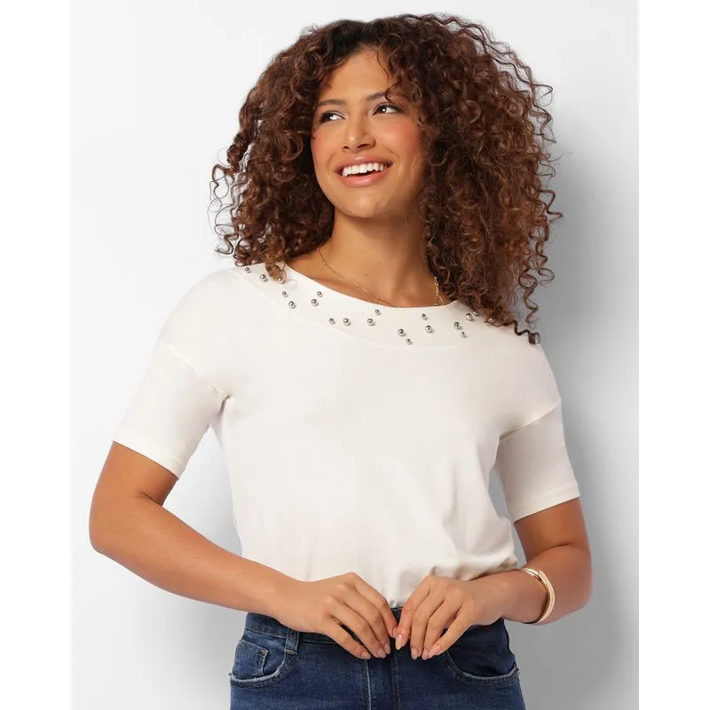 Blusa Feminina Manga Curta Com Aplicação De Pedras Off White M