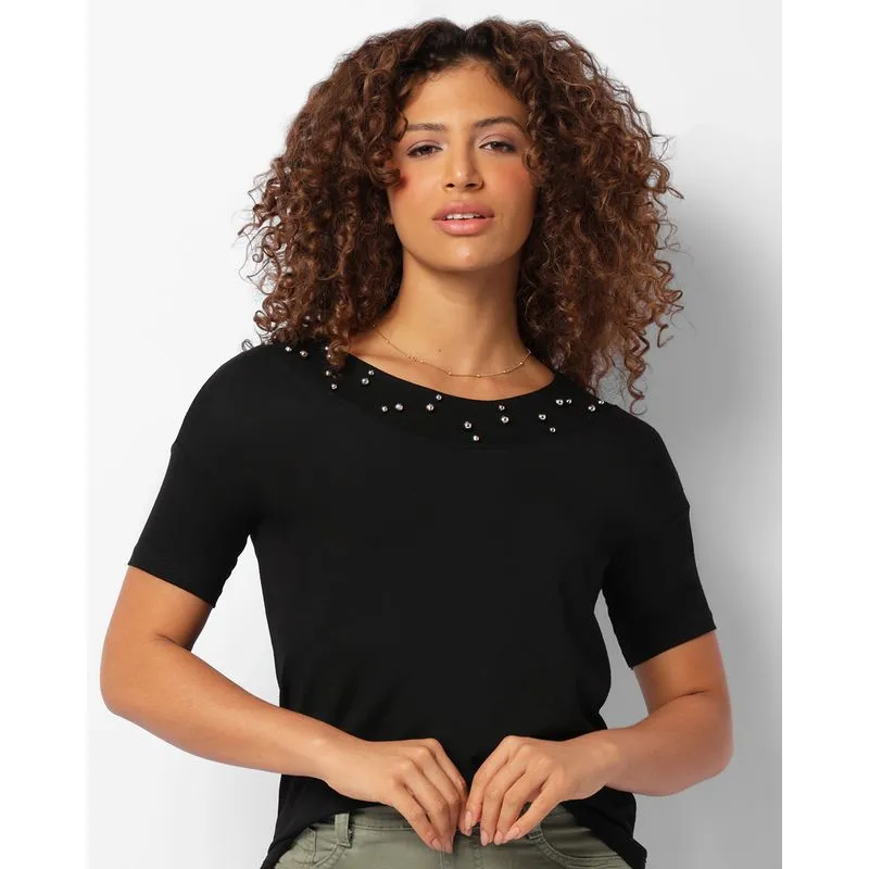 Blusa Feminina Manga Curta Com Aplicação De Pedras Preta P