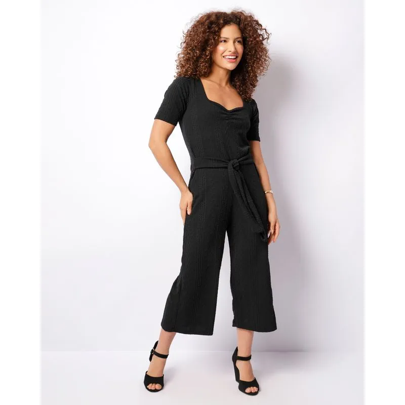 Macacão Feminino Longo Manga Curta Texturizado Preto GG
