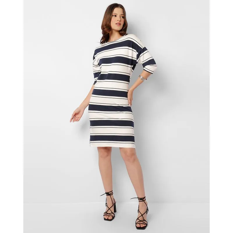 Vestido Feminino Moletinho Listrado Manga Curta Marinho GG