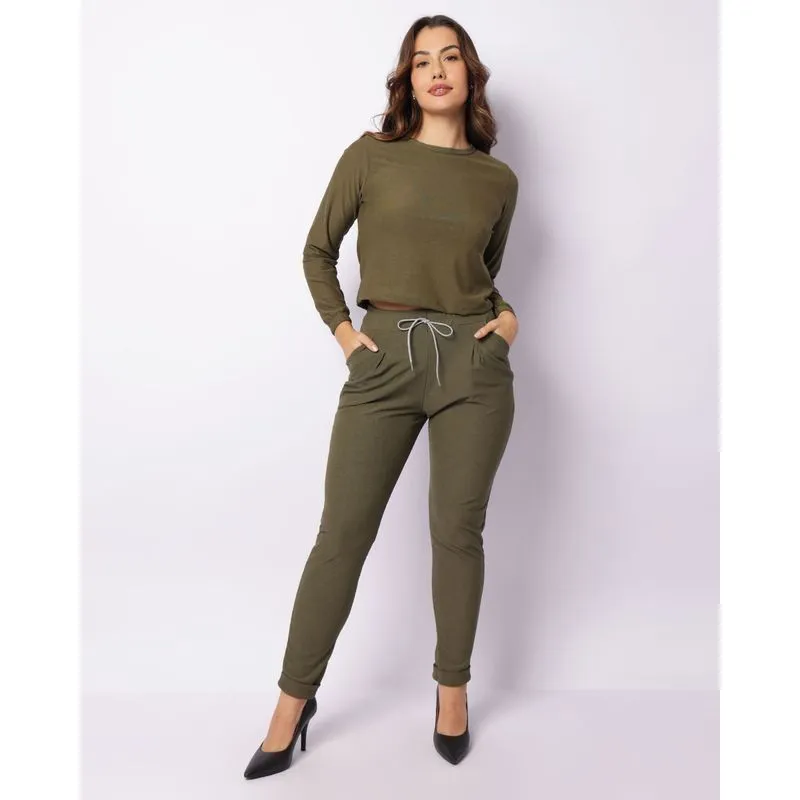 Calça Feminina Cigarrete Texturizada Cordão Com Bolsos Verde GG