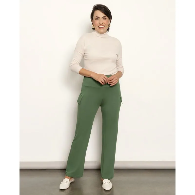 Calça Feminina Reta Detalhe Lapela Verde GG