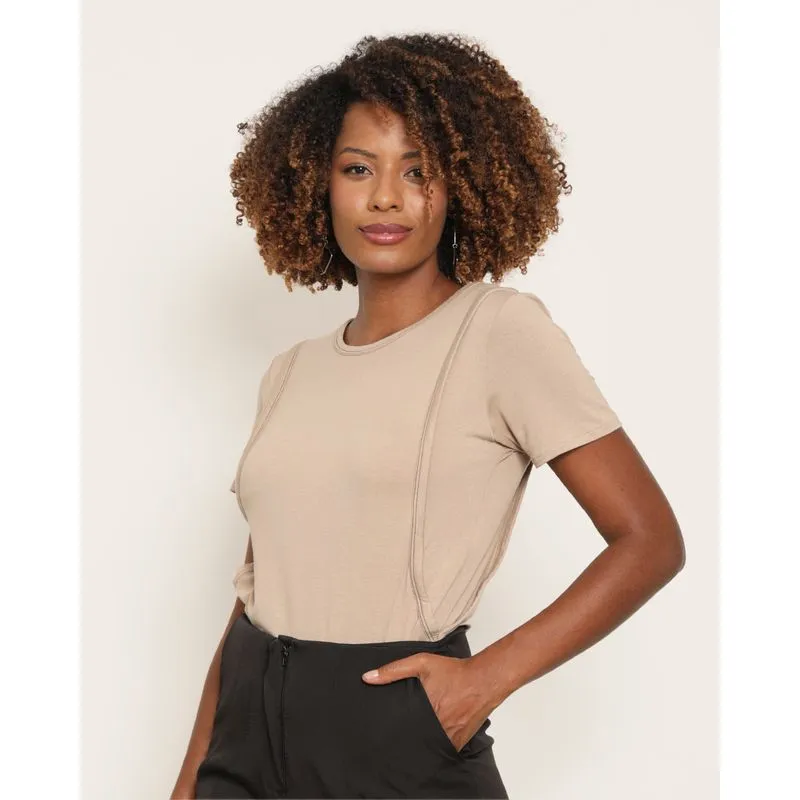 Blusa Feminina Manga Curta Recorte Frontal Bege M