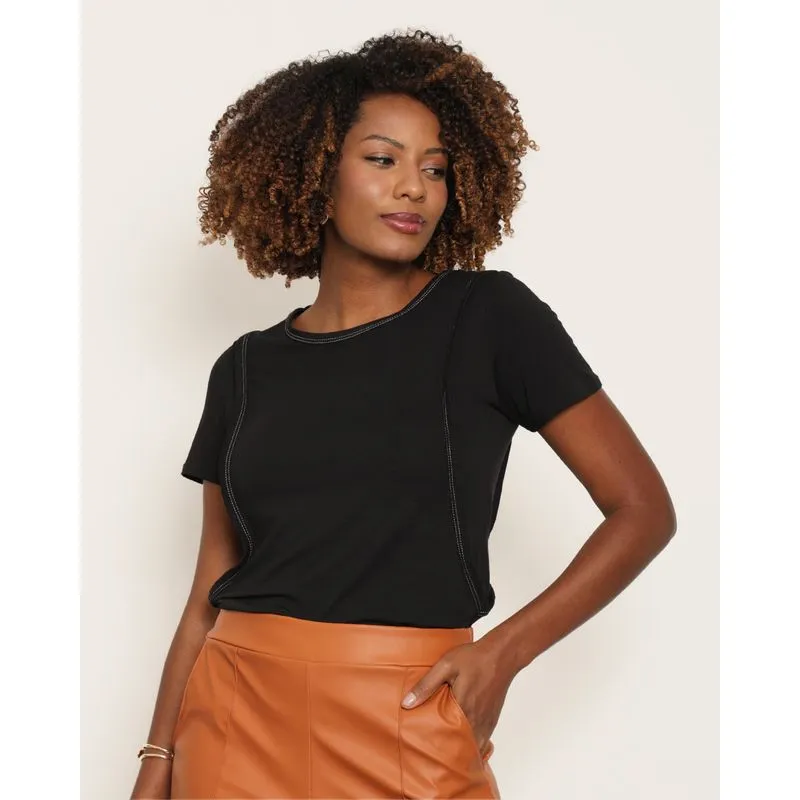 Blusa Feminina Manga Curta Recorte Frontal Preta G