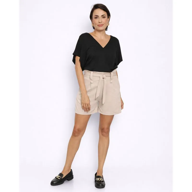 Short Feminino Crepe Com Cinto Amarração Com Pregas Bege P