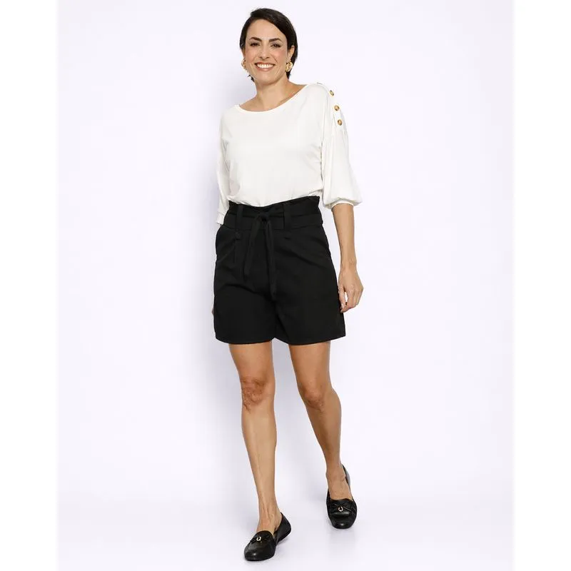 Short Feminino Crepe Com Cinto Amarração Com Pregas Preto P
