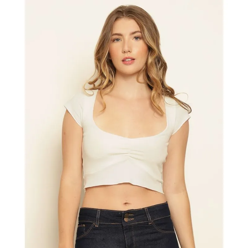 Blusa Feminina Cropped Texturizada Franzido Frontal Off White G