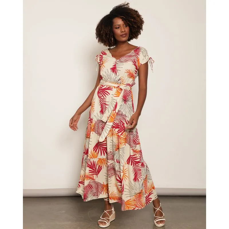 Vestido Feminino Longo Berry & Co. Estampado Bege P