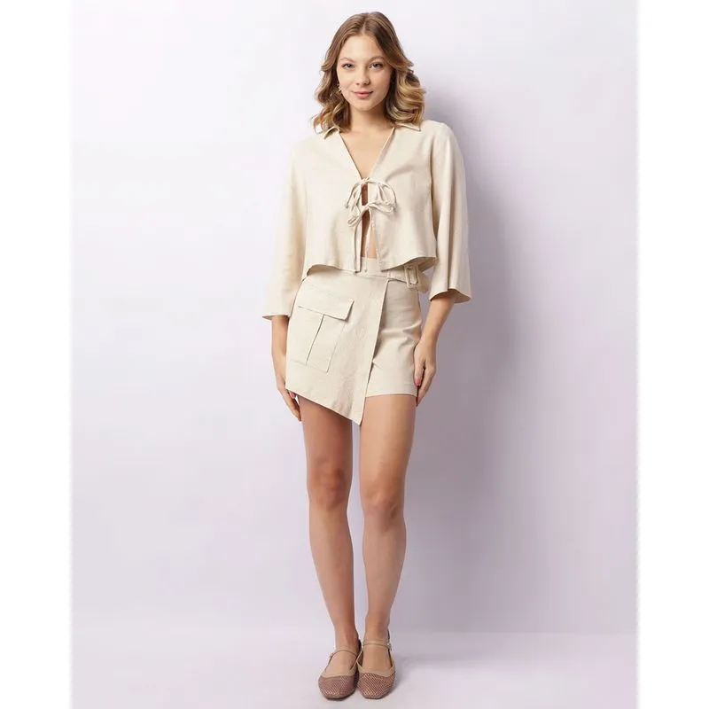 Short Saia Viscolinho Botonê Cinto Com Bolso Bege G