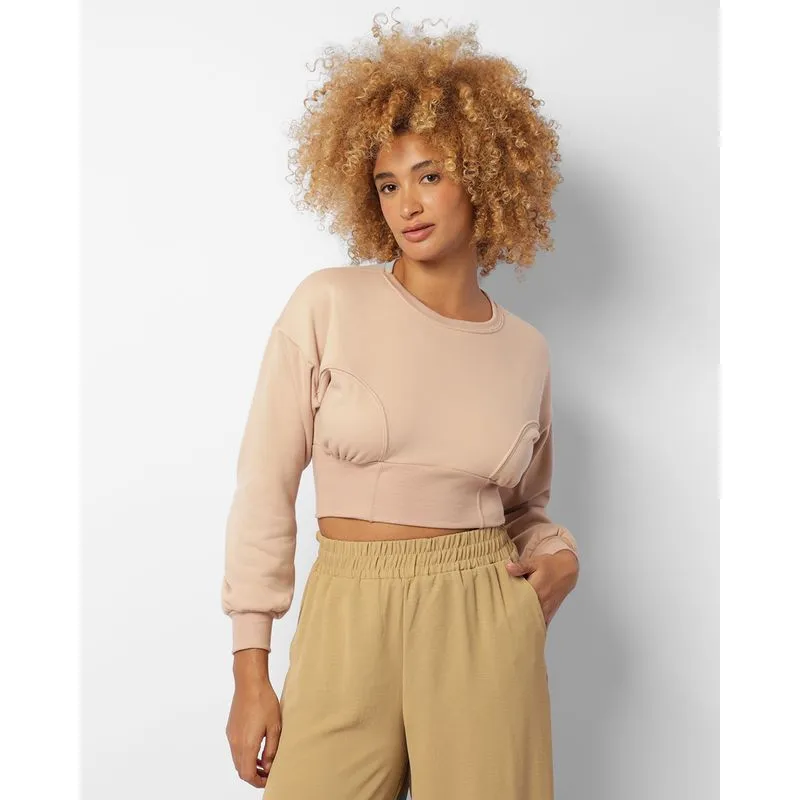 Blusão Moletom Feminino Cropped com Recortes Bege M