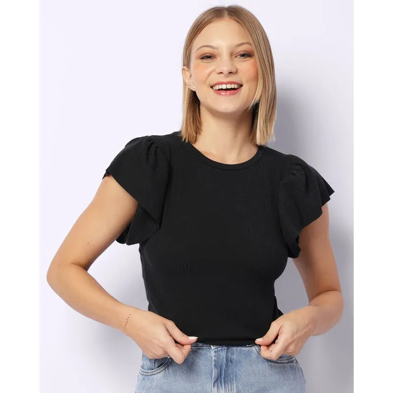 Blusa Feminina Manga Curta Com Babado Canelada Preta G