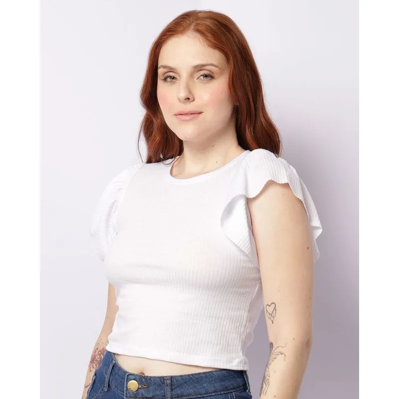 Blusa Feminina Manga Curta Com Babado Canelada Branca P