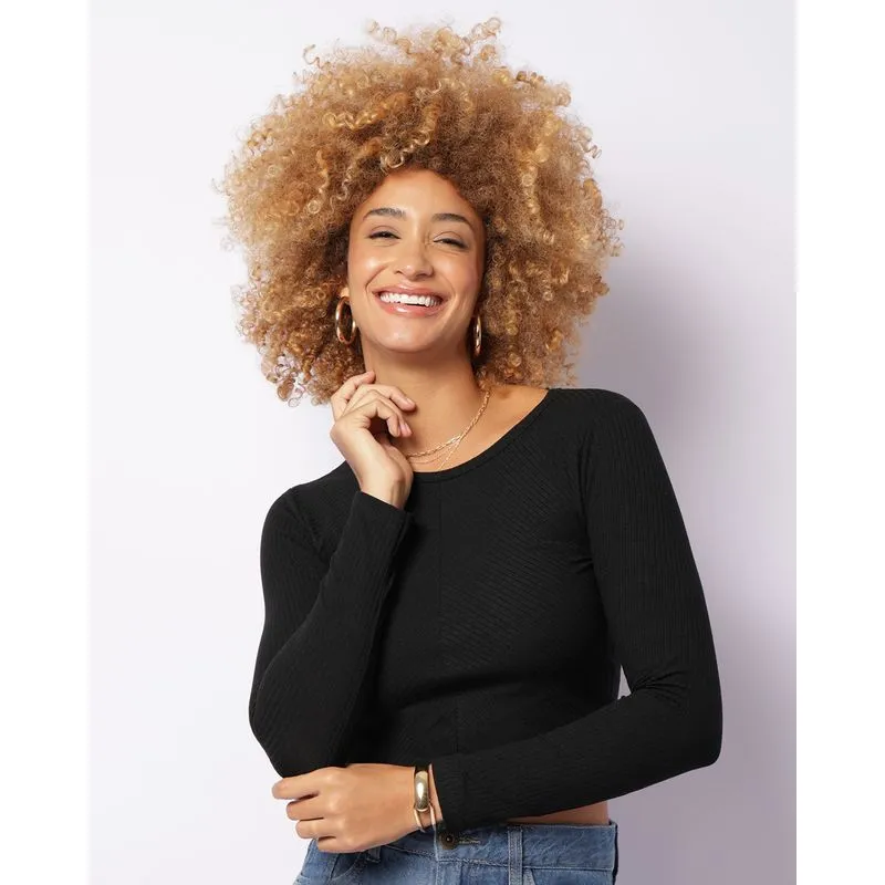 Blusa Feminina Cropped Canelada Manga Longa Preta G