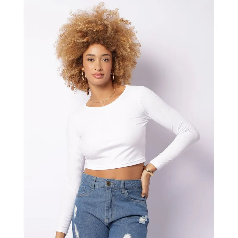 Blusa Feminina Cropped Canelada Manga Longa Branca G