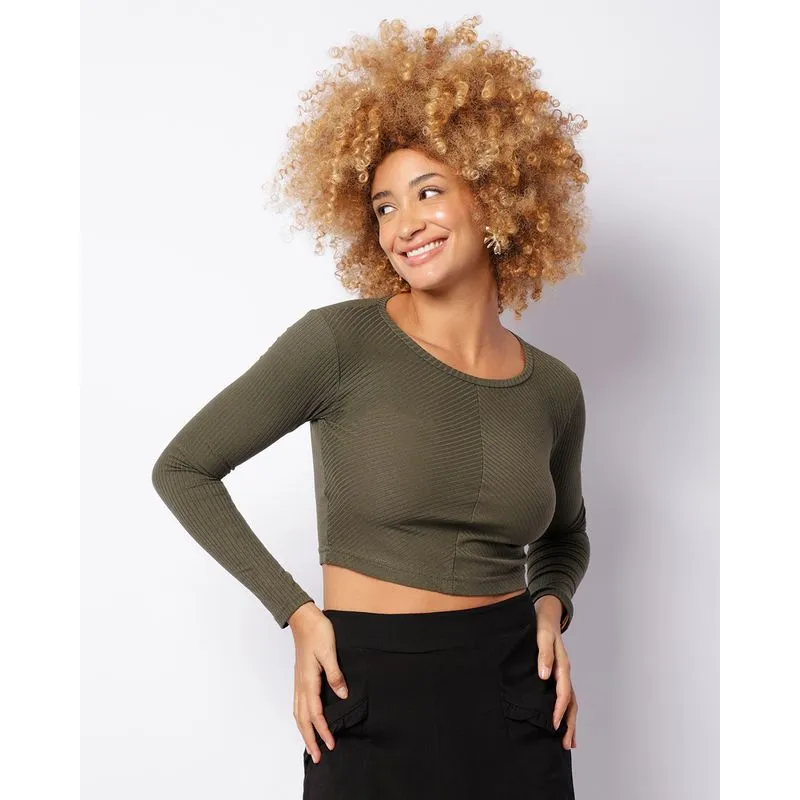 Blusa Feminina Cropped Canelada Manga Longa Verde M