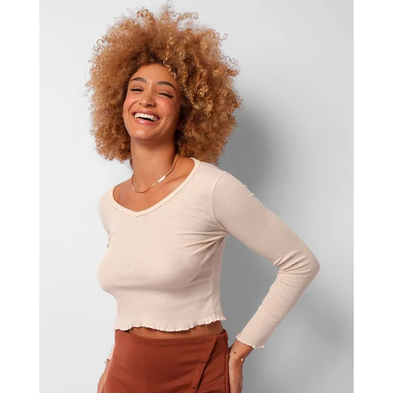Blusa Feminina Cropped Manga Longa Canelada Frufru Bege PP