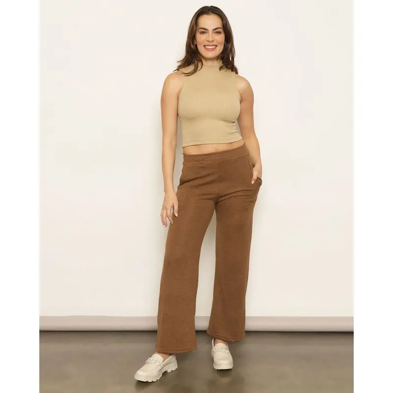 Calça Feminina Tricô Wide Leg Marrom M