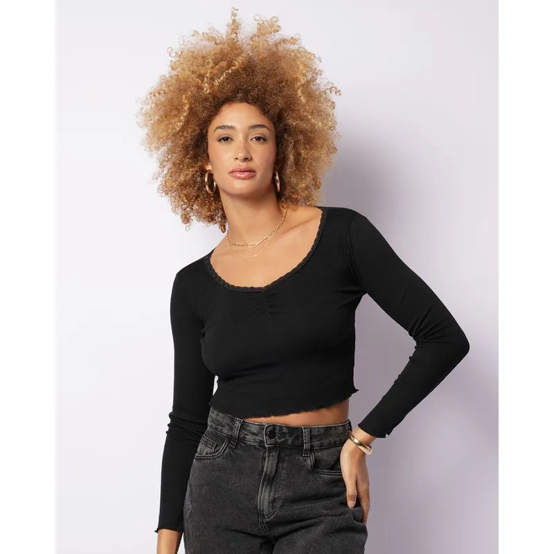 Blusa Feminina Cropped Canelada Franzida Preta M